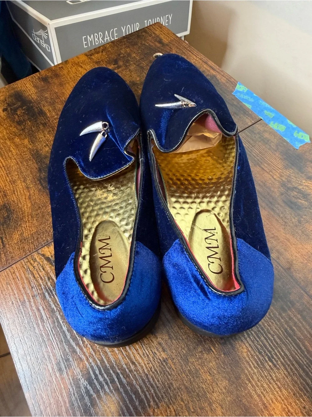 CMM royal blue velvet loafers gold-toned spike detail on the vamp Size 15
